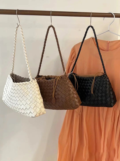 Authentic Leather Weave Dumpling Bag – Elegant Handheld & Shoulder Tote